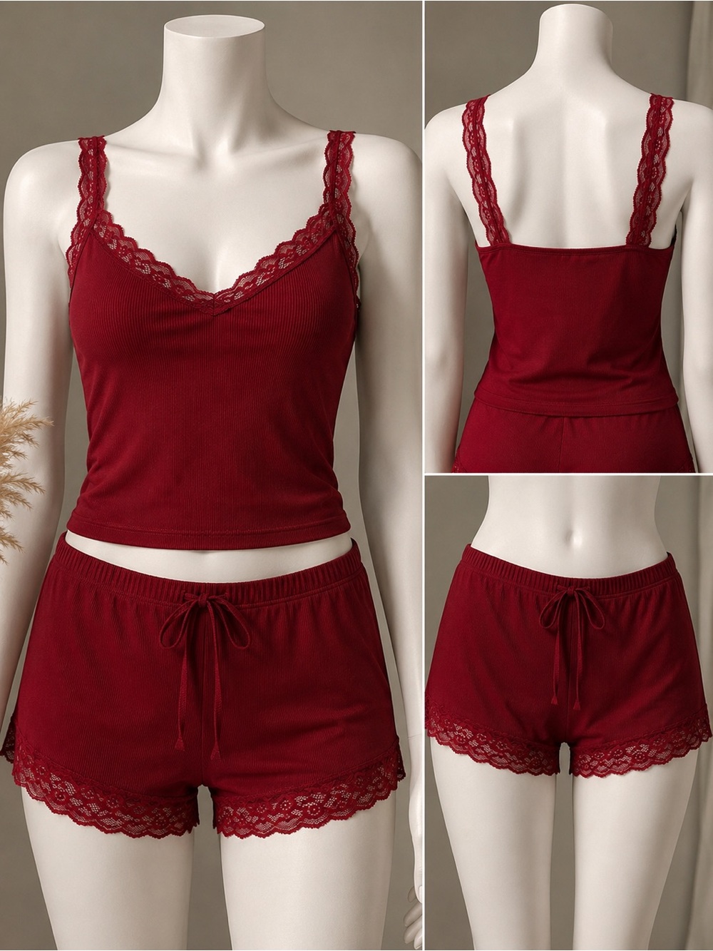 🆕 Women’s Lace-Trim Cami & Shorts Sleep Set in Burgundy